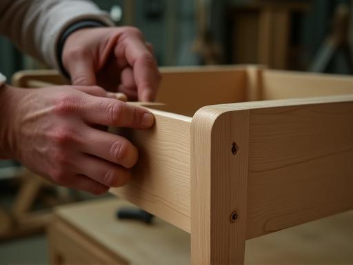 Close-up of an artisan's hands meticulously working on a sofa frame, showcasing detailed craftsmanship